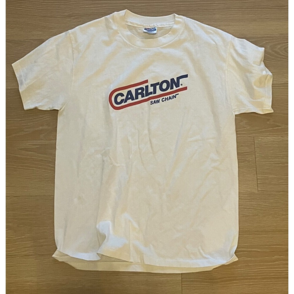 Vintage Carlton Saw Chain White T-Shirt Size L Single Stitch